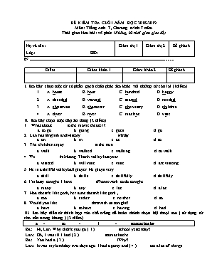 Đề kiểm tra cuối năm học môn Tiếng Anh Lớp 7 - Chương trình 7 năm - Năm học 2018-2019 (Có đáp án)